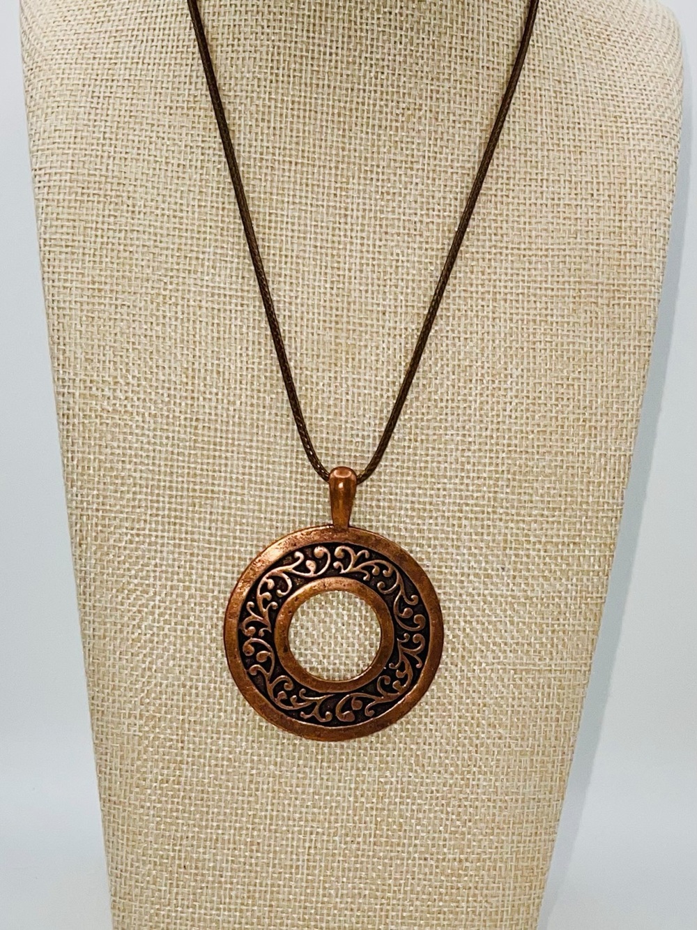 Vintage Boho Antiqued Copper Filigree Open Circle Pendant Cord Necklace Unisex